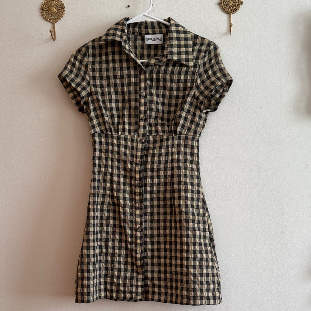 Princess Polly Black and Cream Checked Button-Up Mini Dress